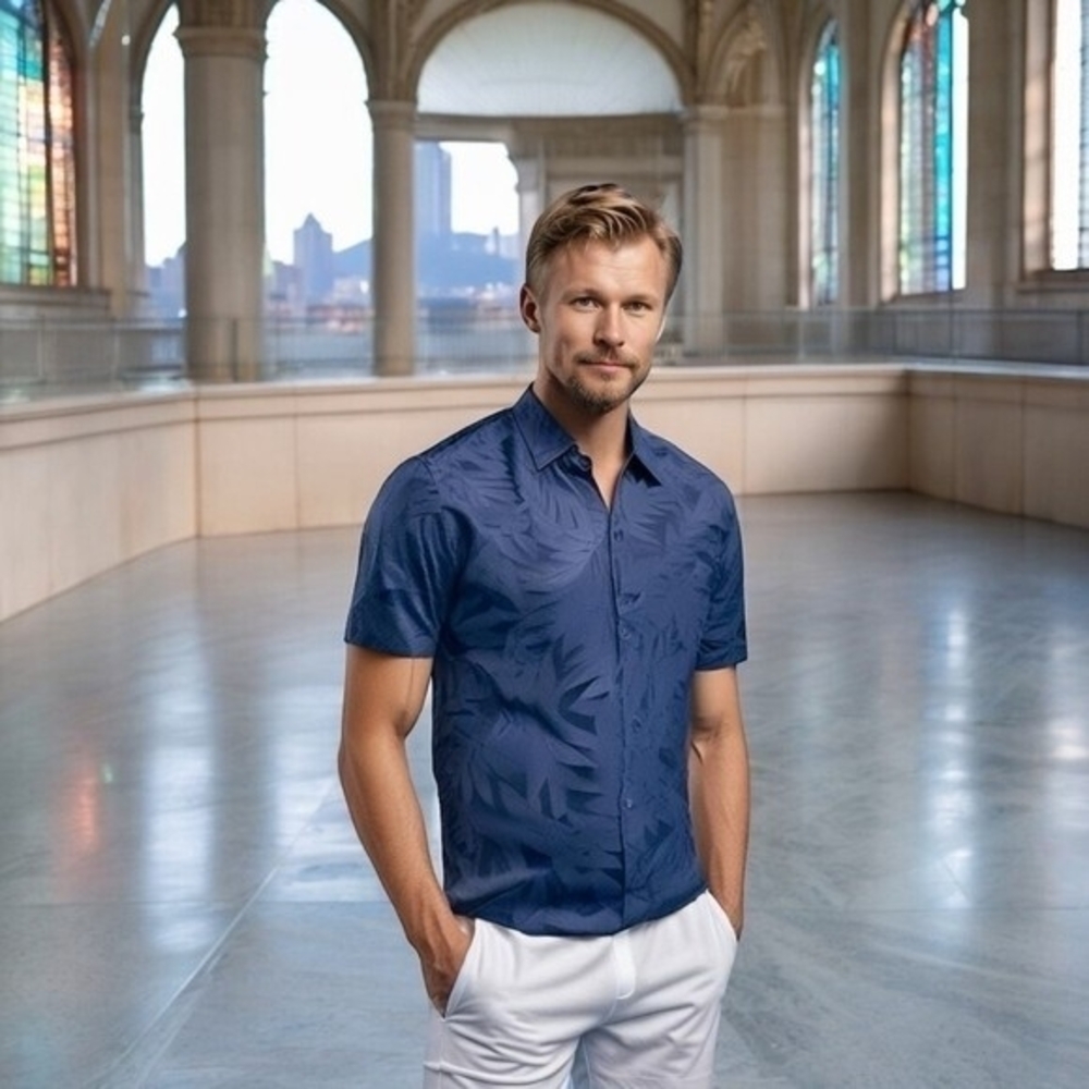 Fundamental Coast Men's Blue Westport Tropical Palm Print Shirt L Cotton EXC